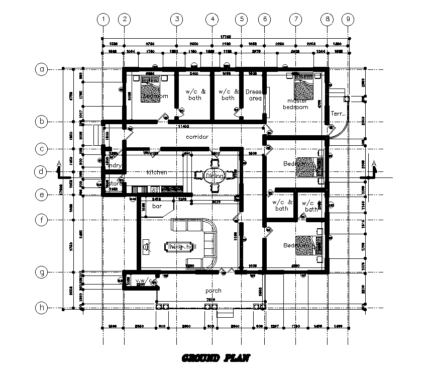 18x17m ground floor of house plan is given in this Autocad drawing file. Download now.