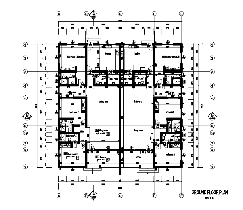 18x18m residential building plan is given in this Autocad drawing model. Download now.
