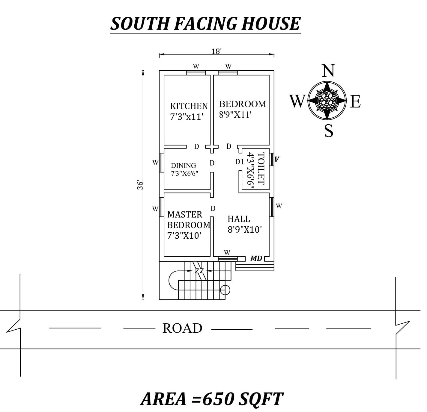 18'x36' 2bhk South facing House Plan As Per Vastu Shastra Principles, Autocad Drawing file Details
