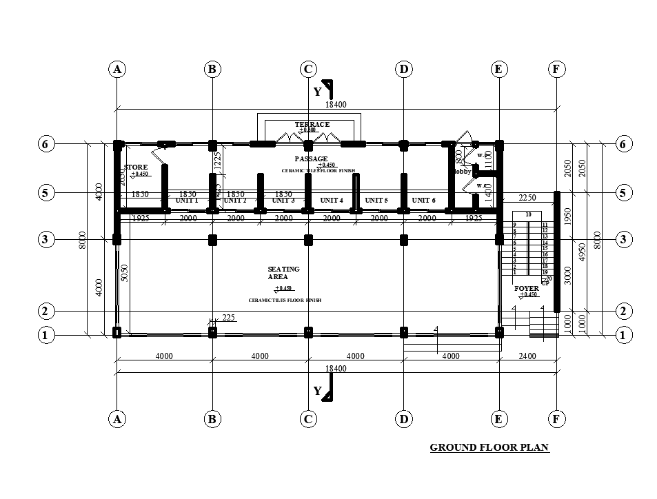 18x4m ground floor restaurant plan is given in this Autocad drawing file. Download now.