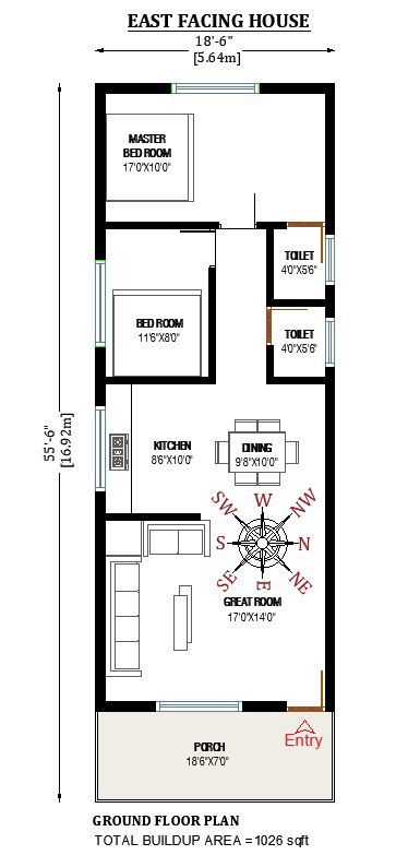 18 x55 east-facing 2bhk small house plan cad drawing file free. Download free 2d cad drawing file.