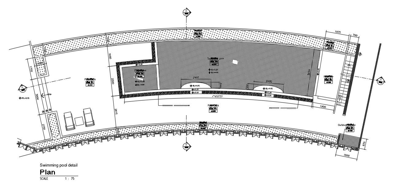 18xm Swimming pool plan is given in this Autocad drawing file. Download now.
