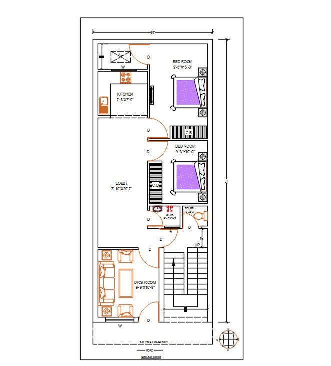 19' X 45' East Facing 2 BHK House DWG File