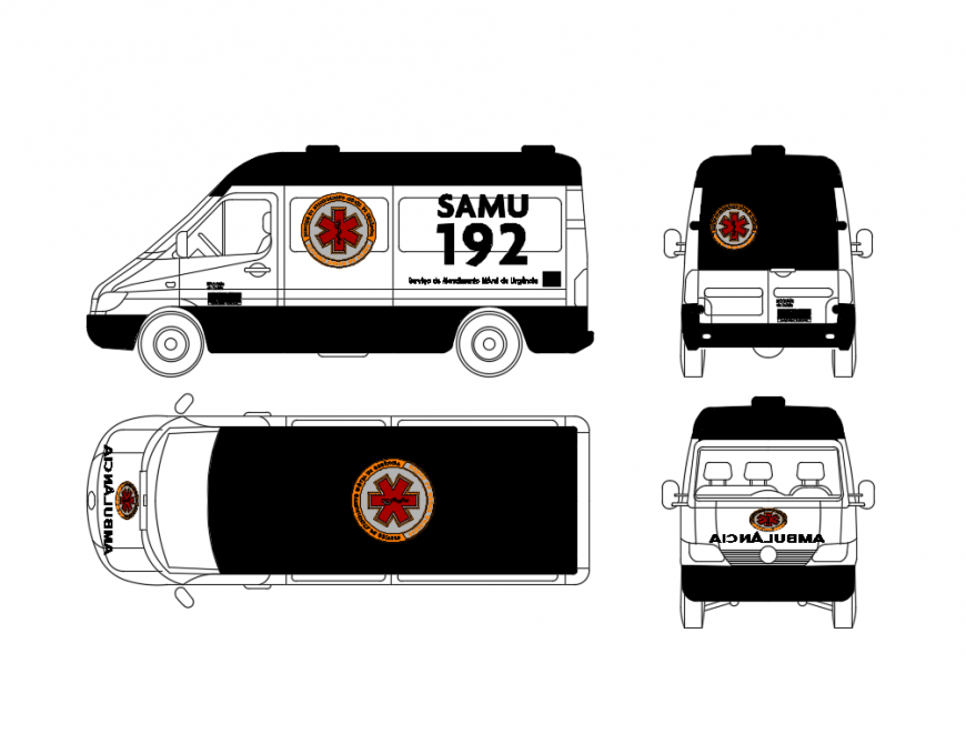 192 samu ambulance all sided elevation cad block details dwg file