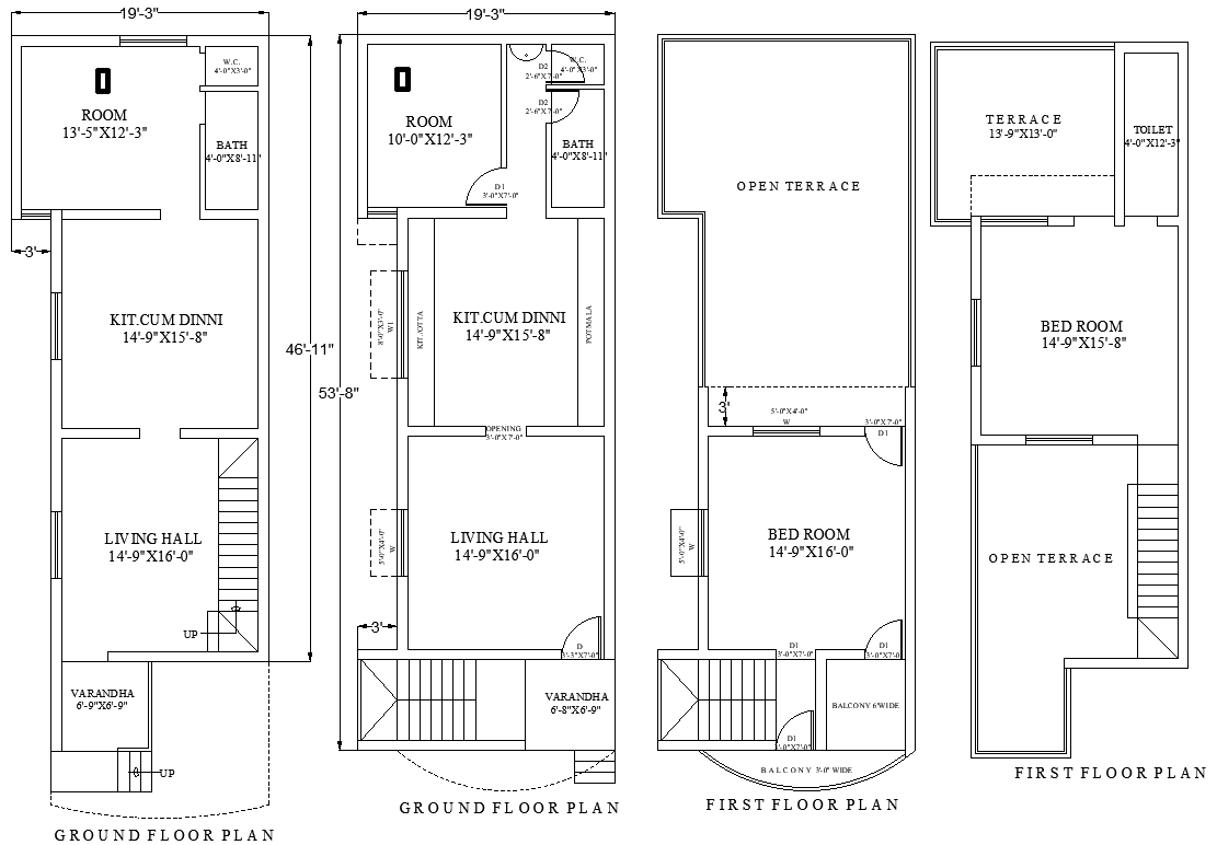 19.3ftx46.11ft Ground and First Floor House DWG Plan