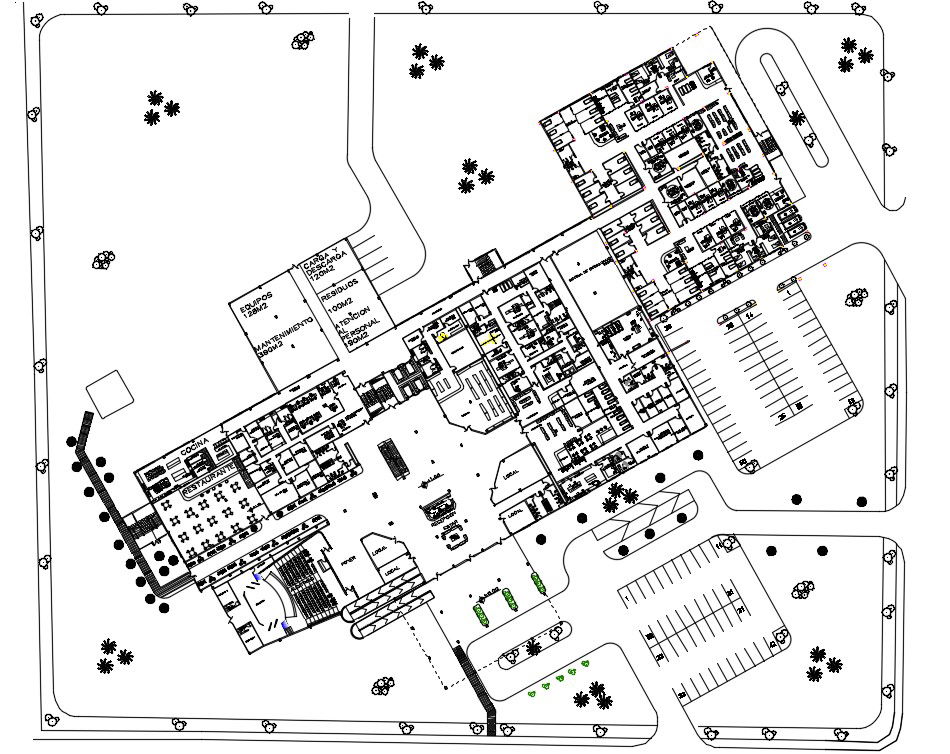195x167m hospital general layout is given in this Autocad drawing file. Download now.