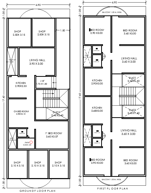 AutoCAD DWG House Plan 19.60mx6.90m Two Floors with Shop