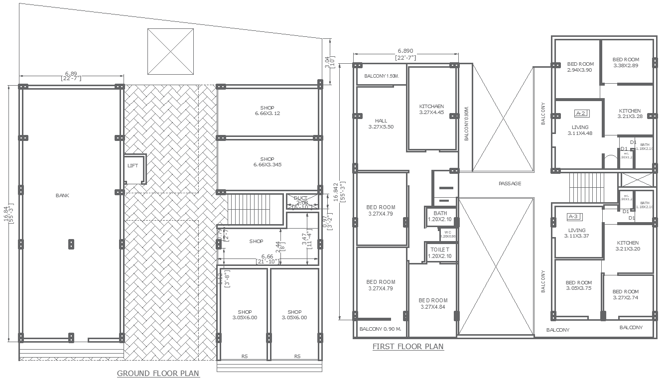 19.88m x 16.85m Ground Floor Bank & Shop Layout Plan with First-Floor House Plan AutoCAD DWG File 