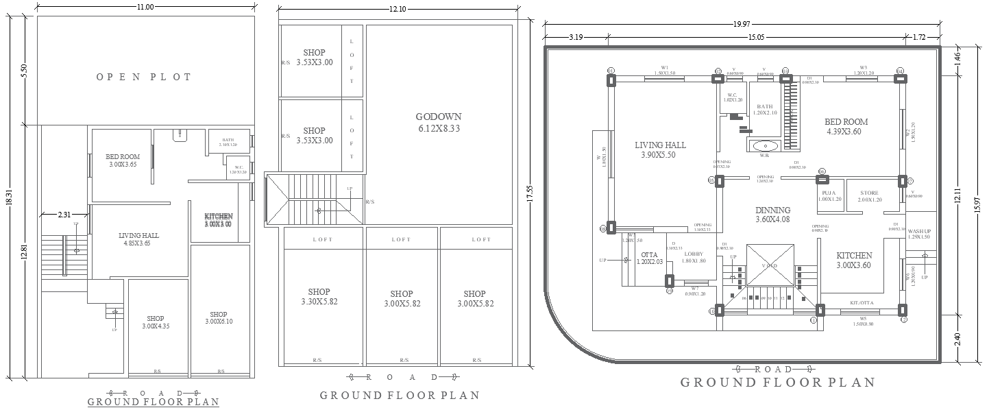 19.97mx15.97m House with Shop Godown in DWG Layout