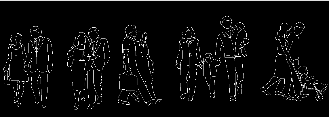2D Couple CAD Drawing with Family Figures and Front Pose Views