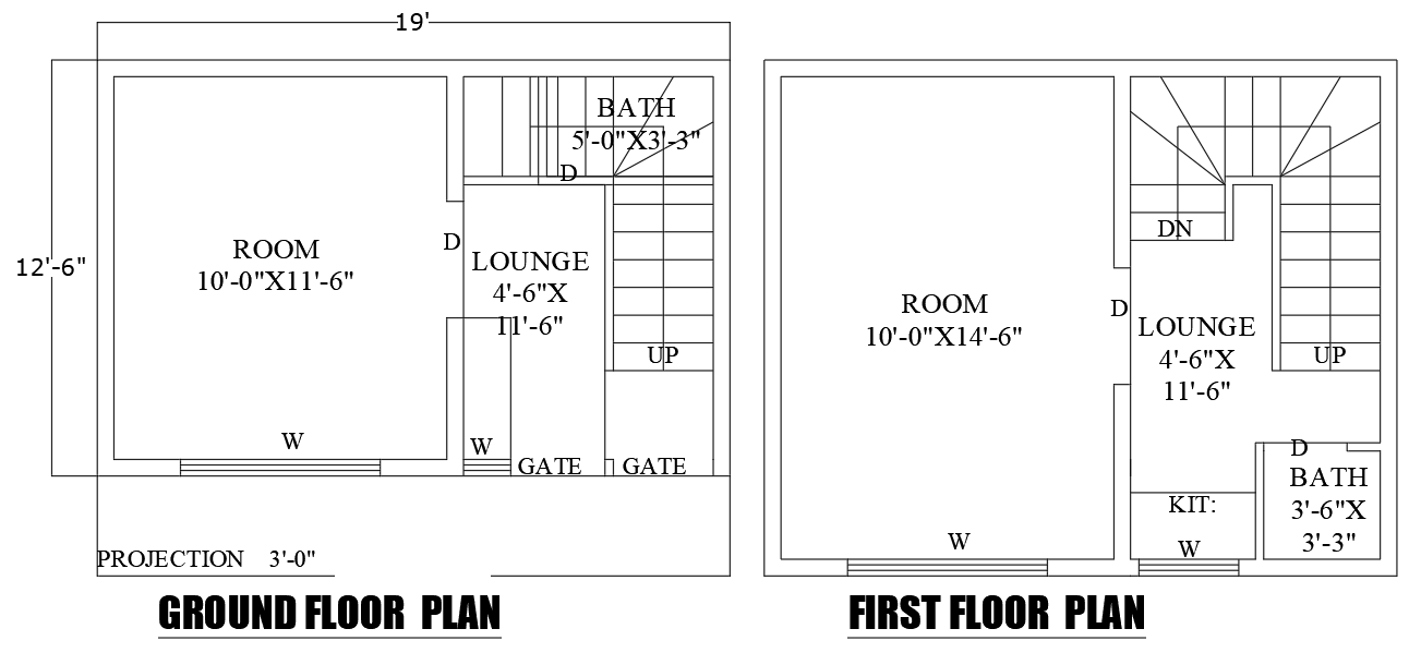 19x12.6ft 2BHK house plan DWG ground and first floor
