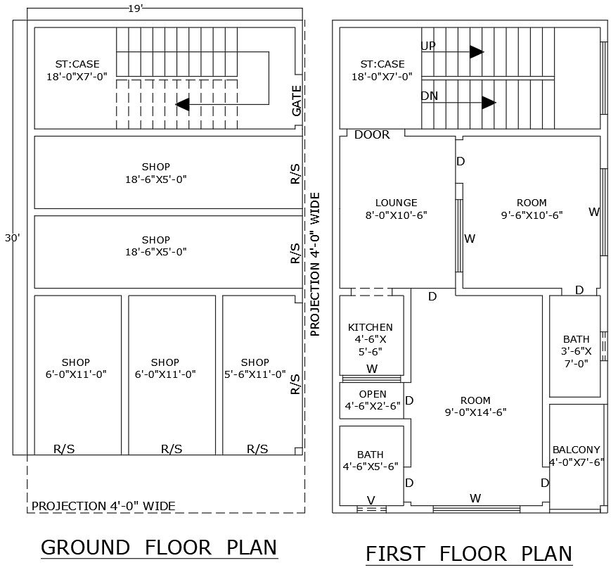 19x30ft 2BHK house plan DWG with shop layout design
