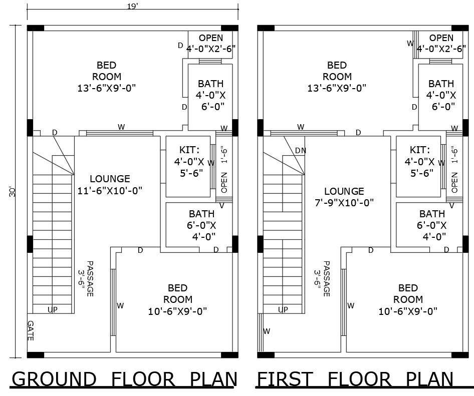 19x30ft 4BHK house plan DWG with ground first floor file