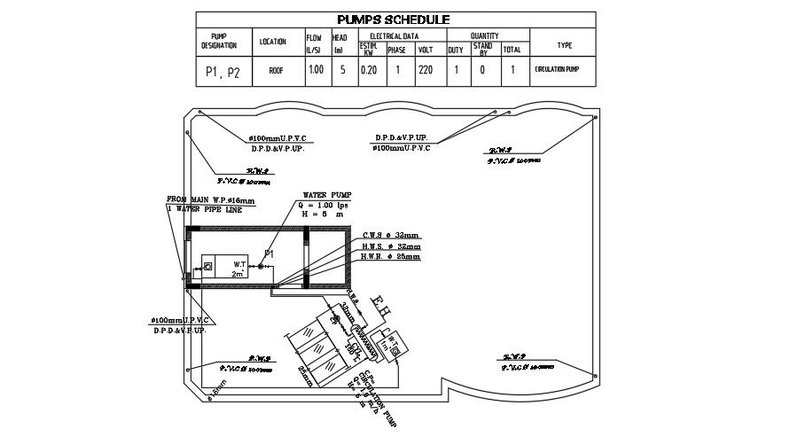 19x12m house plan of the water pumps dimension drawing