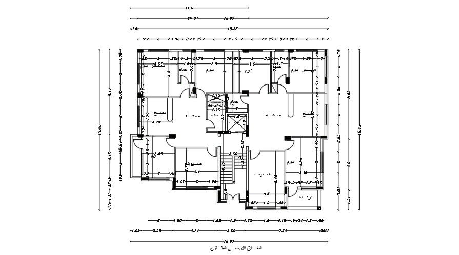 19x16 Meter 3 BHK Center Line Plan AutoCAD File