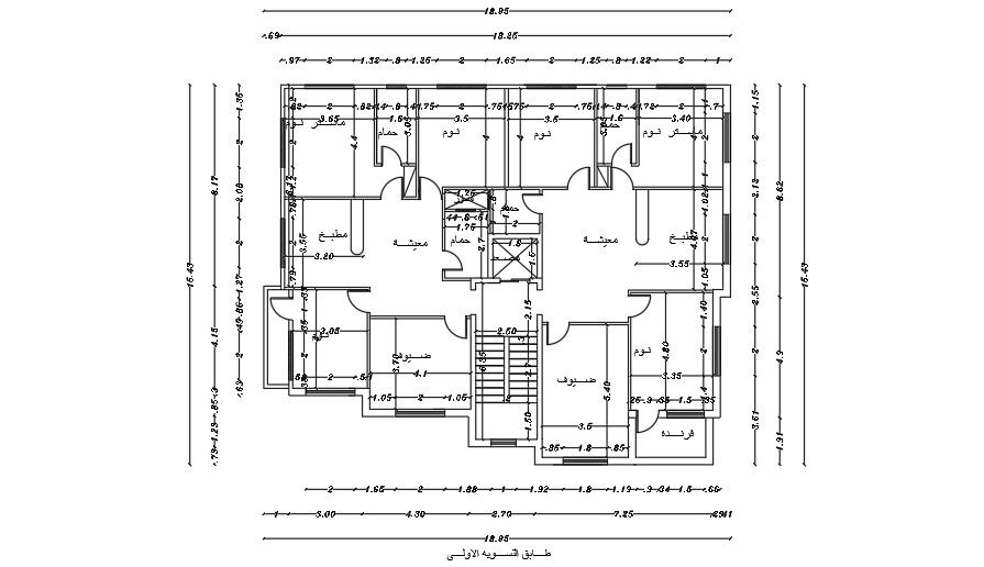 19x16 Meter 3 BHK First Floor Center Line Plan AutoCAD File