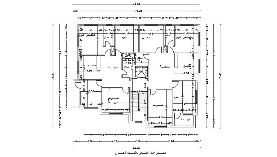 19x16 Meter 3 BHK Second Floor Center Line Plan AutoCAD File