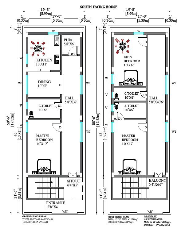 19x28 South Facing House Plan G plus 1 Vastu Shastra 2D CAD Drawing