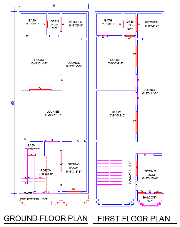 19' x 50' House Plan AutoCAD DWG with 3 Bedrooms - 2 Baths.