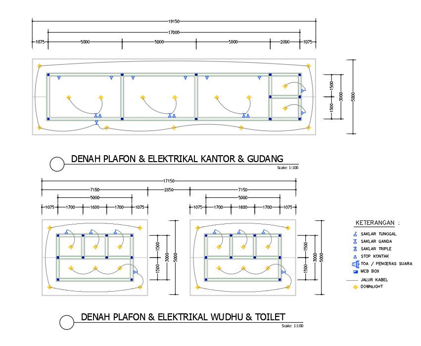 19x5m warehouse and office electrical & ceiling plans