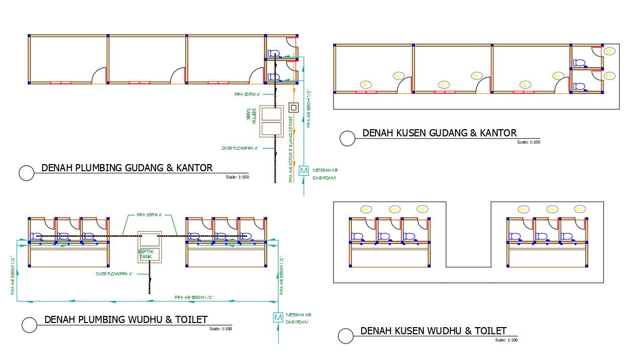 19x5m warehouse and office plumbing layouts
