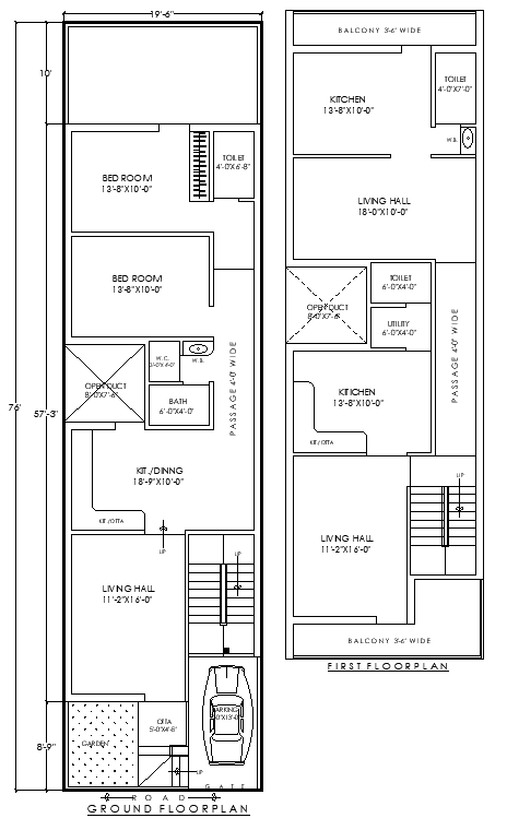 19x76Feet Ground and First Floor House Plan 2BHK DWG File