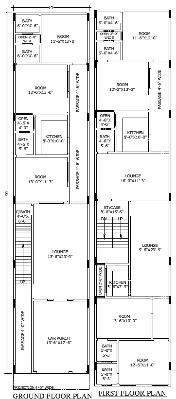 19x90 Two-Storey Residential House Layout in AutoCAD File