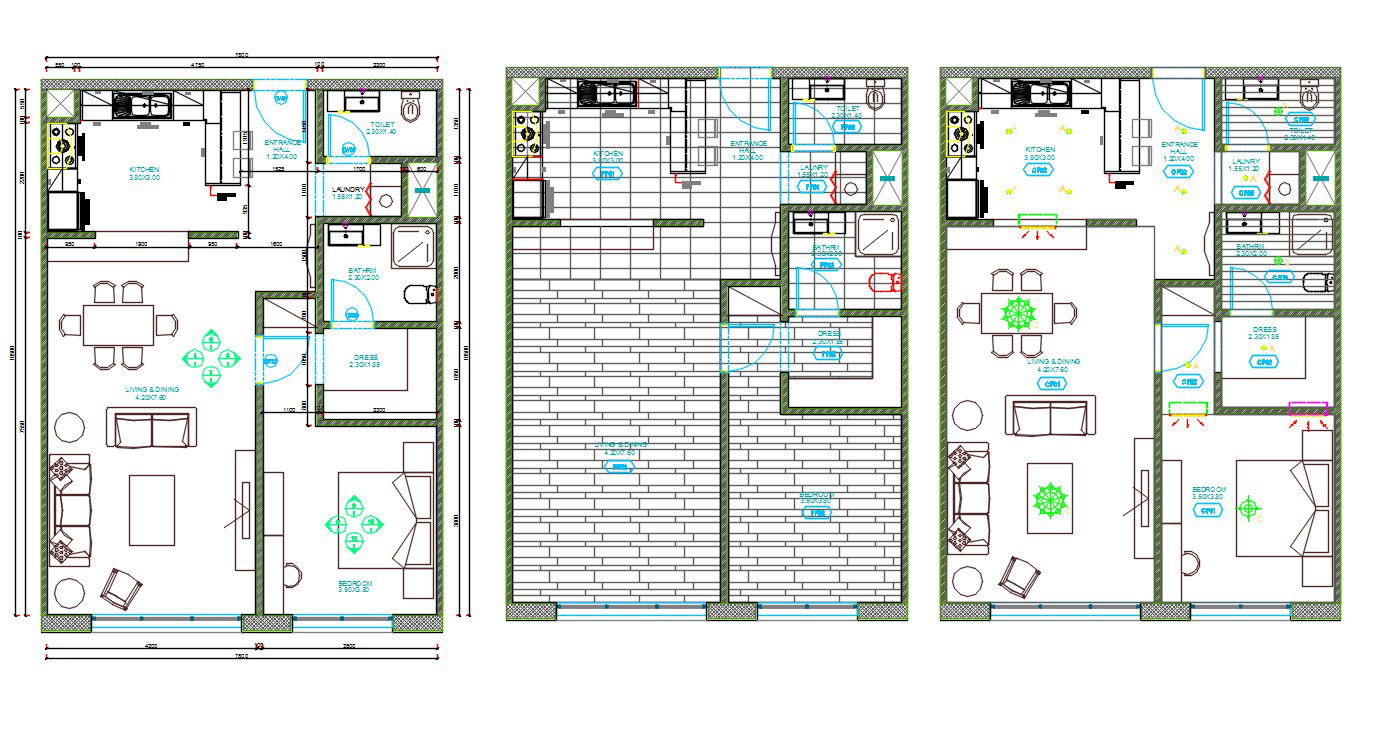 1 BHK Architecture House Ground Floor With Furniture Layout DWG File