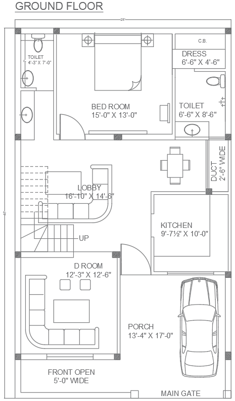 Compact 1BHK Floor Plan with Parking in DWG Format