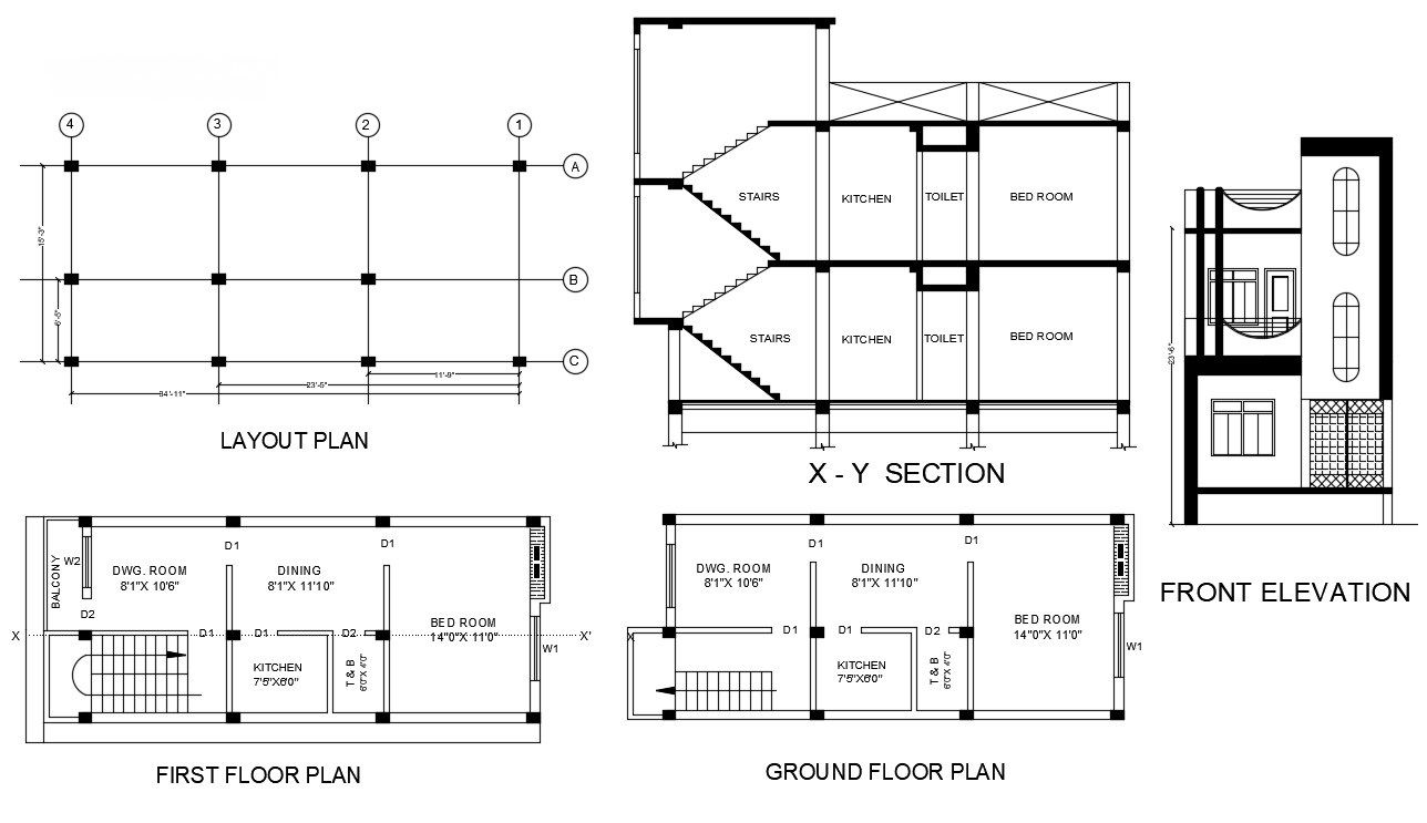 1 BHK Two Storey House Floor Plan And Building Drawing DWG File