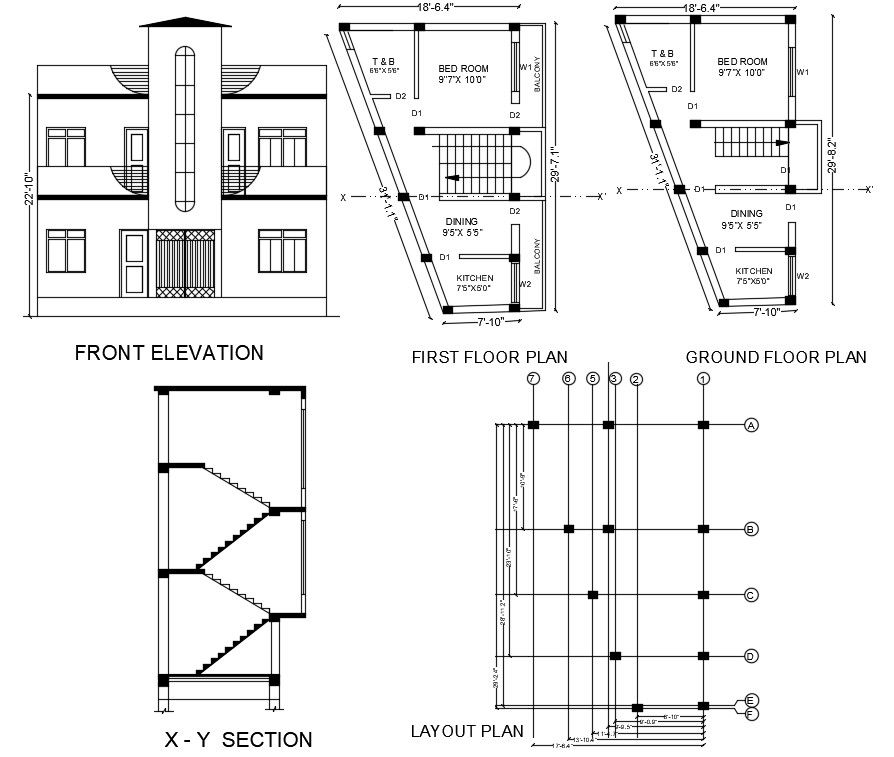 1 BHK Two Storey House Plan And Sectional Elevation Design