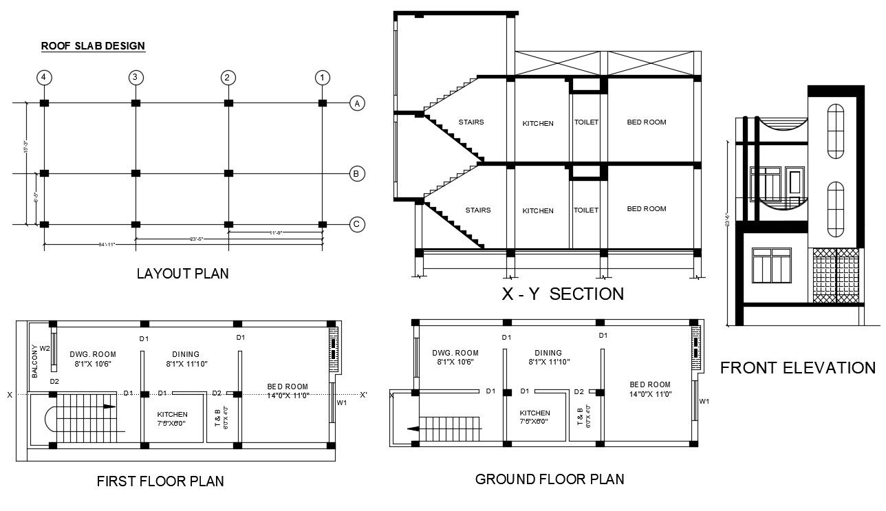 1 Bedroom House Plan With Sectional Elevation Design
