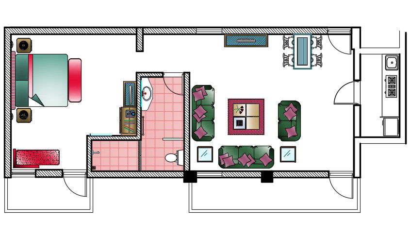 1 Bedroom House Plans With Furniture Design AutoCAD File
