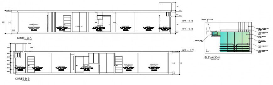 1 bhk or dormitory building section drawing in dwg file.