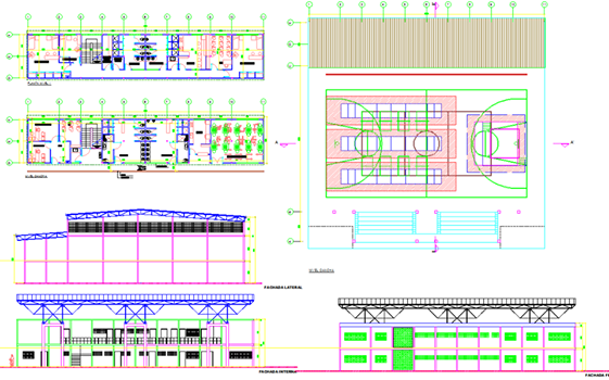 Sports Center 2D CAD Drawing with Plan Elevation and Section Views