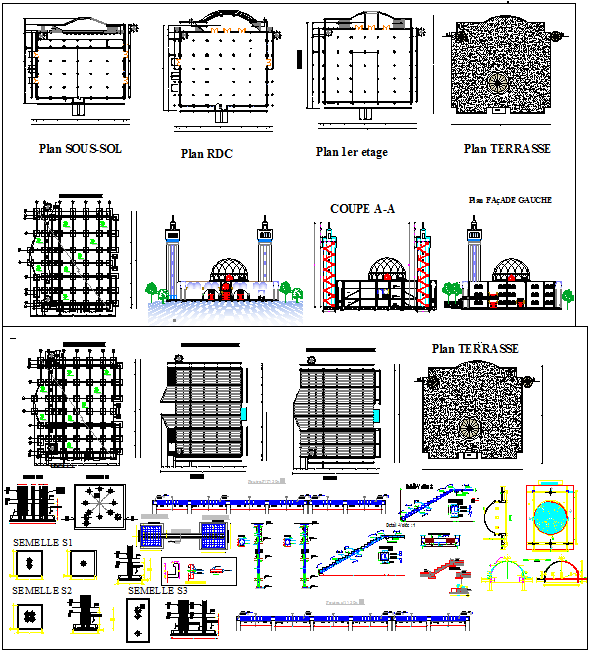 Complete Masjid Design CAD Drawing with Plans, Elevations, and Details