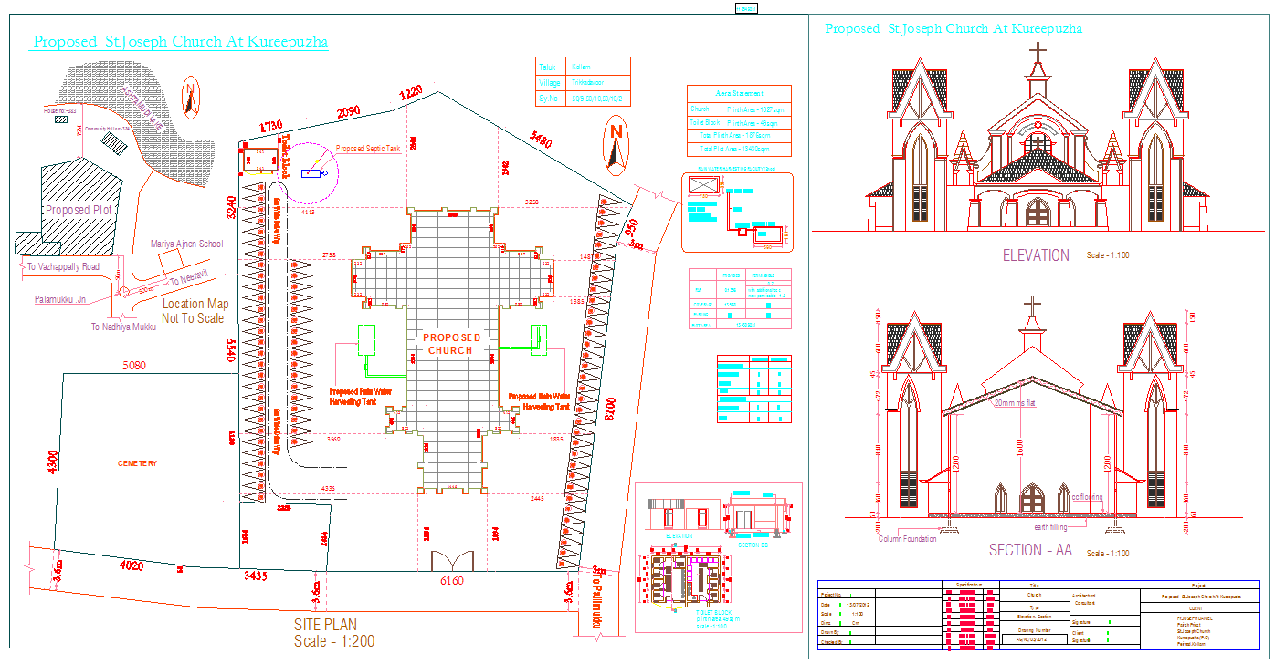 Kureepuzha Church AutoCAD DWG Layout with Elevation and Section Plans