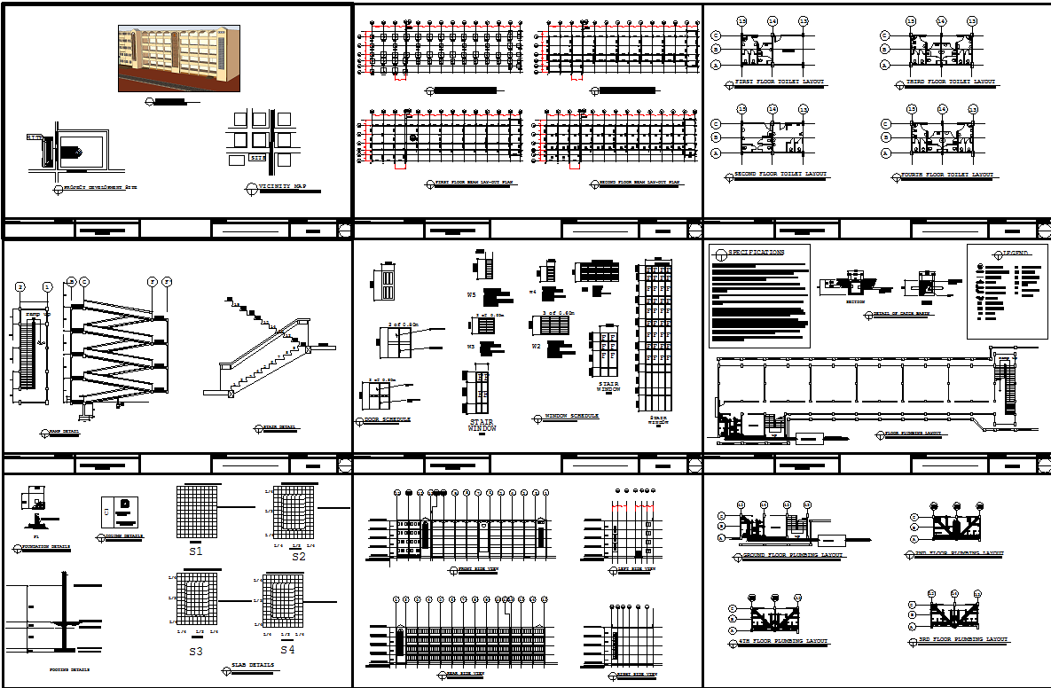 Complete Building CAD Plan with Sections and Elevations Download