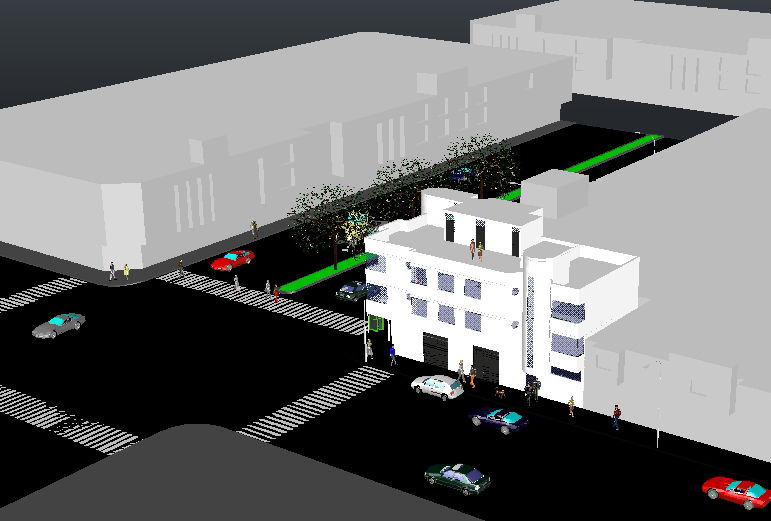 Modern 3D hotel plan design with detailed street and exterior layout