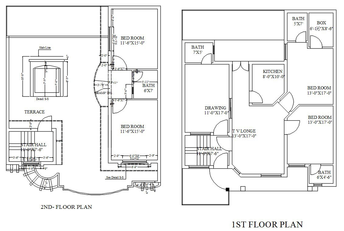 First and second floor house layout in AutoCAD 2D drawing