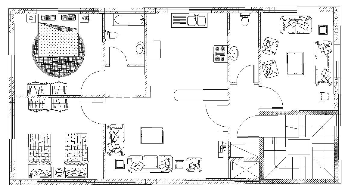 2 BHK House Furniture Layout Plan AutoCAD Drawing