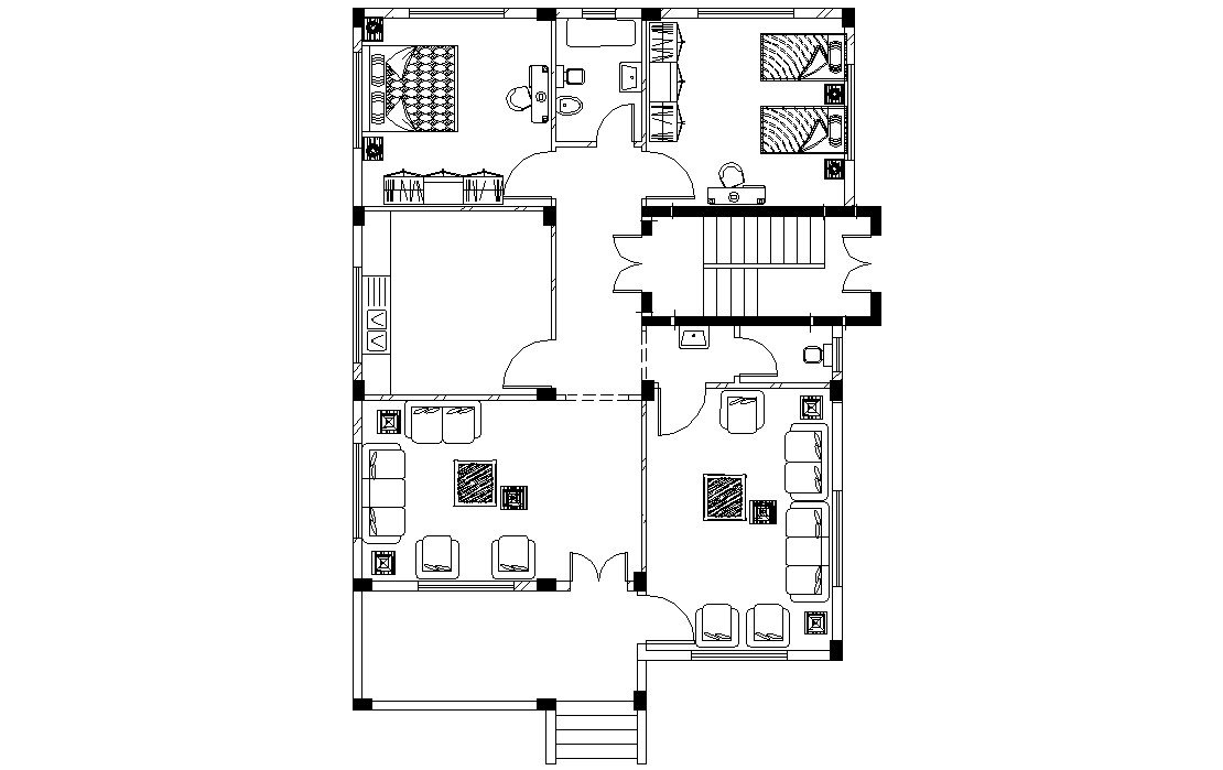 2 BHK House Furniture Layout Plan Drawing