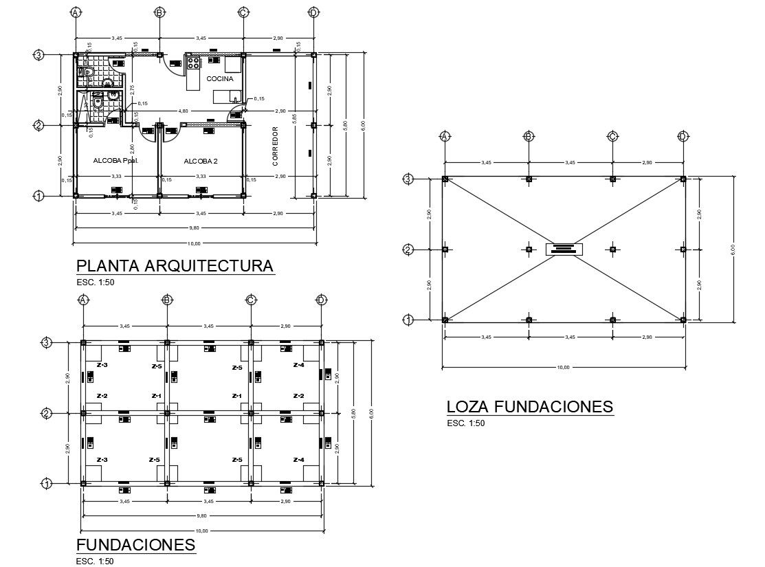 2 BHK House Layout Plan With Foundation CAD Drawing
