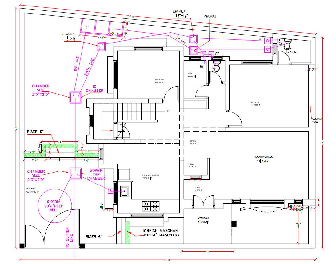 2 BHK House Layout Plan With Drainage Line CAD Drawing