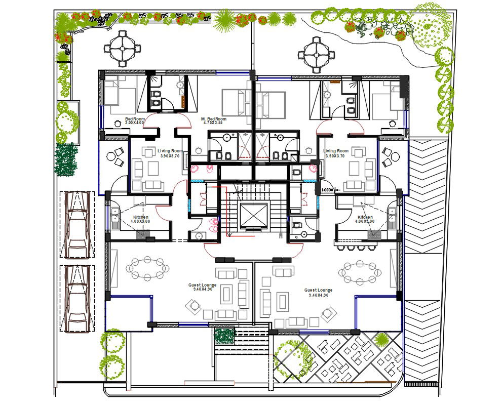 2 BHK Luxurious Apartment House Plan With landscaping Design