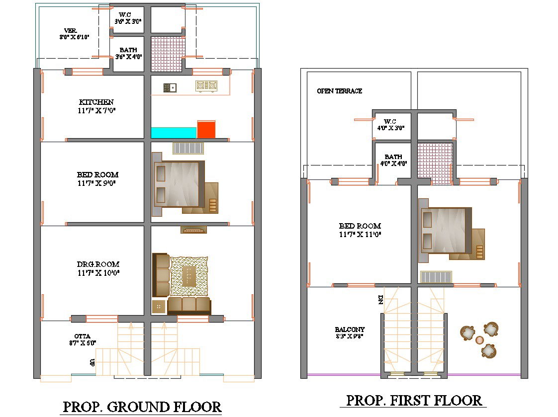 2 BHK Row House Furniture Layout Plan AutoCAD File