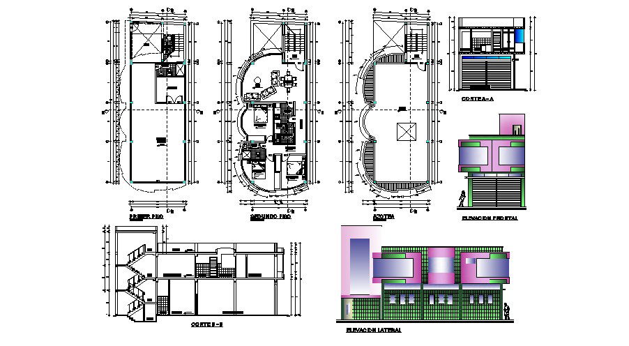 2 Storey bungalow 5.95mtr x 17.15mtr with elevation and section in AutoCAD