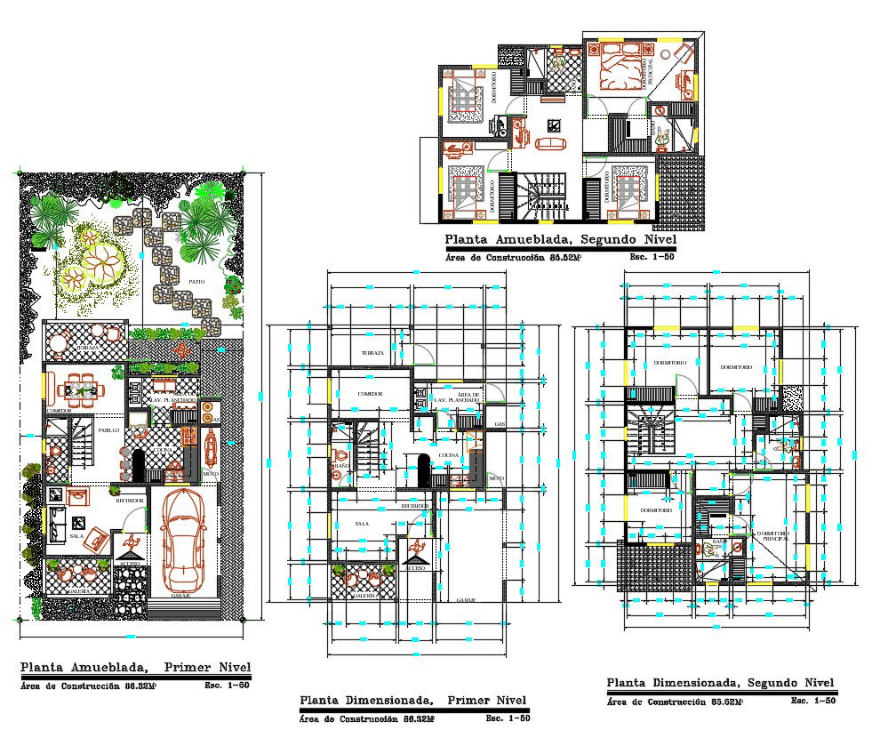 2 Stories Family House Furniture Layout Plan AutoCAD File