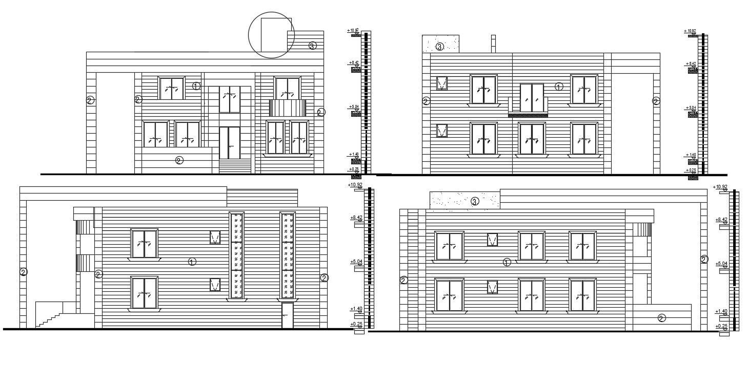 2 storey Architecture Bungalow Elevation Design DWG File