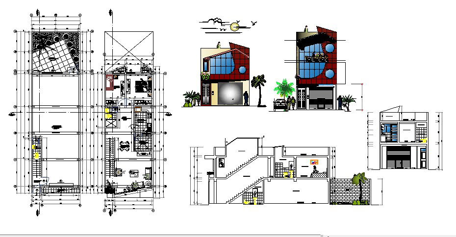 2 storey bungalow plan with detail dimension in AutoCAD